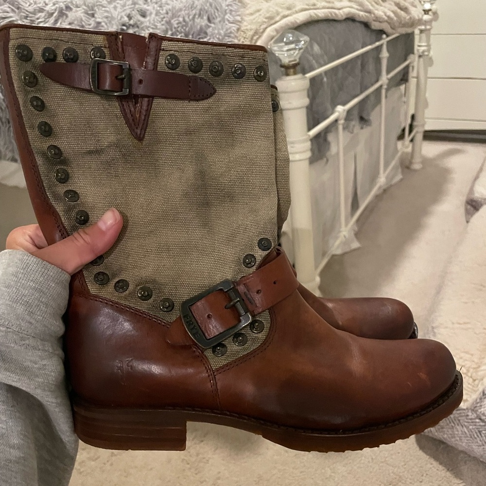Frye Brown and Tan Leather Boots with Buckle